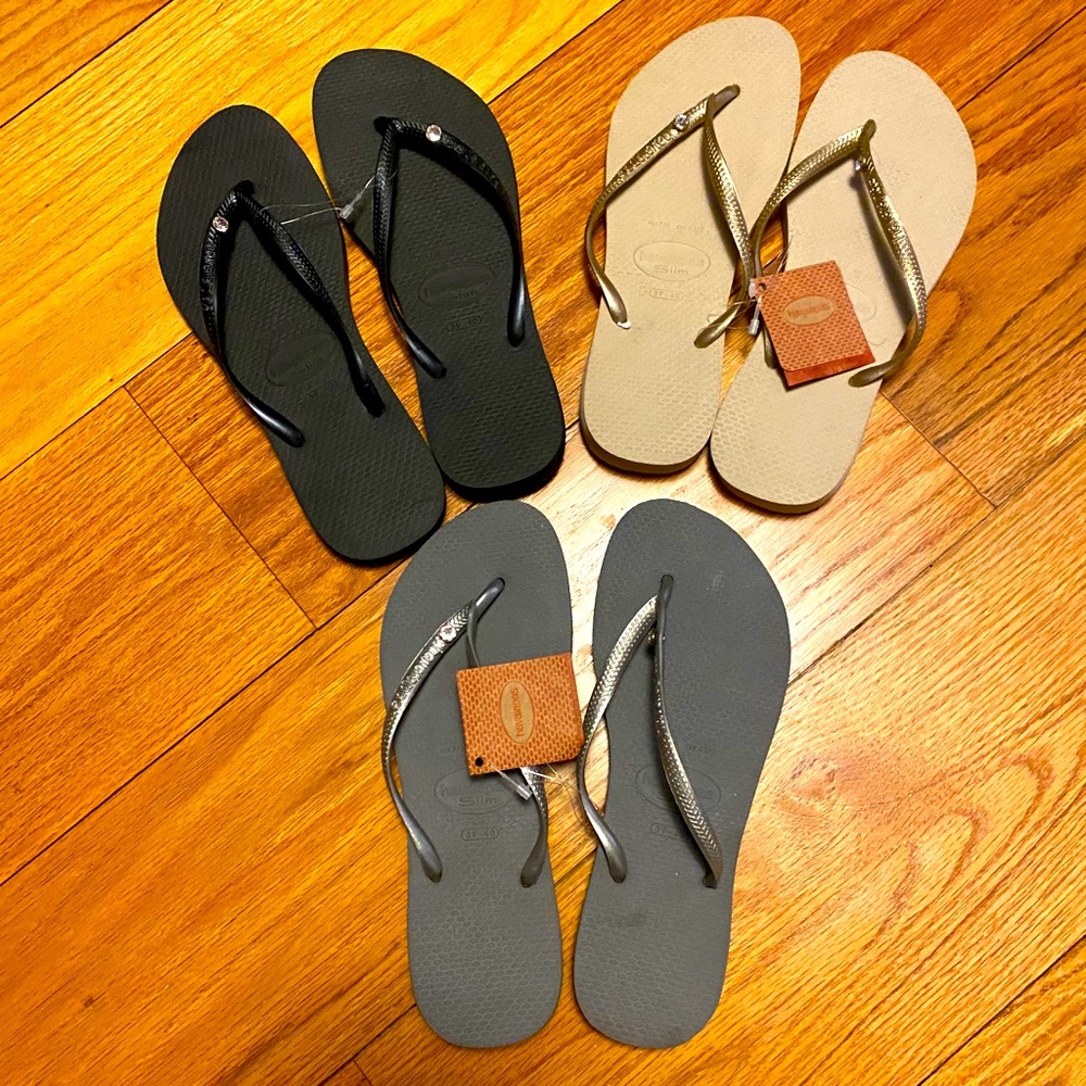 3 prs. Havaianas fancy flip flops, Sz 8/9, 39-40.